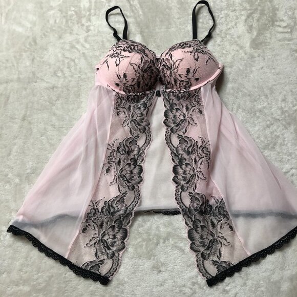 La Senza Light Pink Mesh & Black Lace Sheer Baby Doll Size Medium - Picture 4 of 10